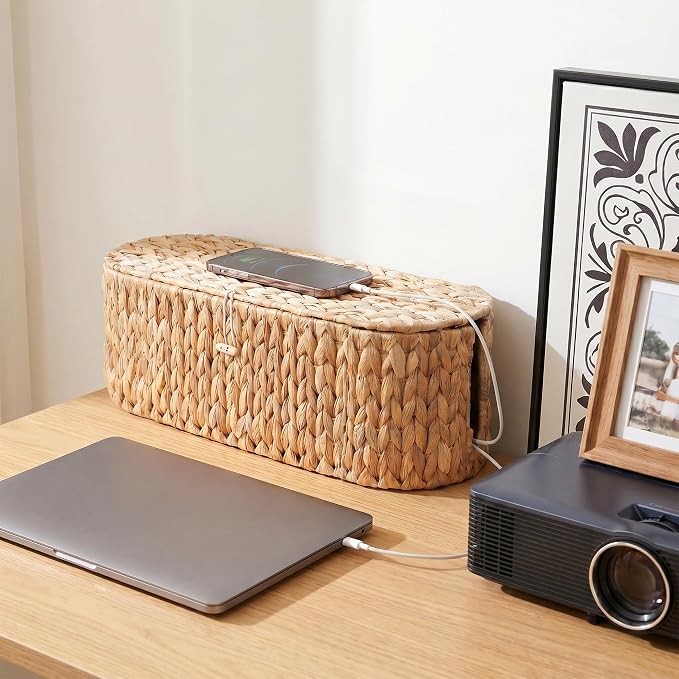 Set of 2 Cable Management Box, Handwoven Cord Hider Box with 3 Open Slots | Cable Organizer Box with Lockable Lid, Cord Storage Box to Hide Power Strip, Router, USB Hub, TV Wires for Home, Office