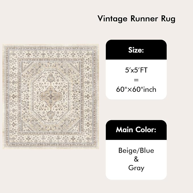5X5 Square Rug for Living Room - Washable Kitchen Area Rug with Non Slip Rubber Backing for Bedroom Indoor Soft Stain Resistant Carpet Desk Rug for Pet-Friendly and Kitchen Decor Beige/Gray