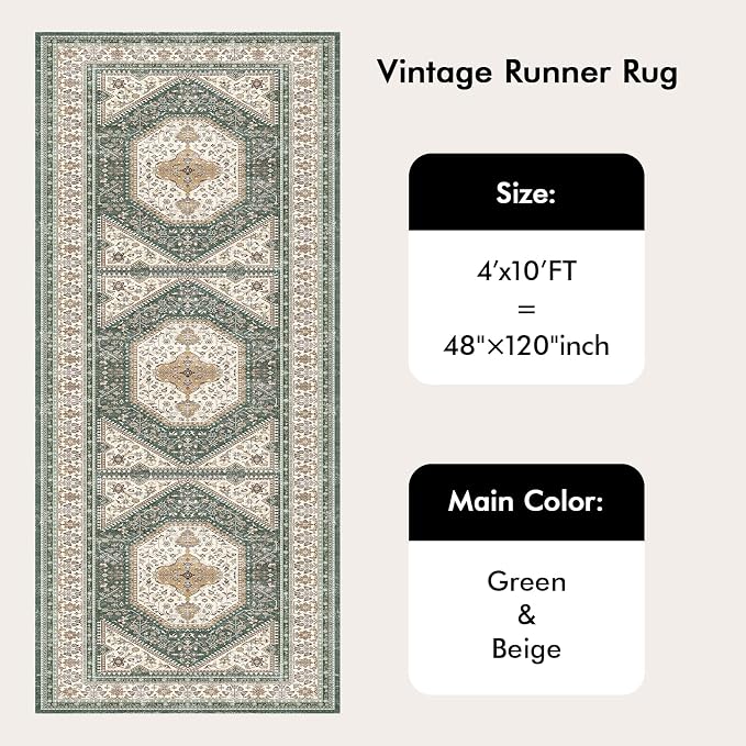 4x10 Runner Rug for Hallway Washable: Non Slip Kitchen Rugs with Rubber Backing Soft Waterproof Wide Mats Stain Resistant Low Pile Carpet for Entryway Bedroom Bathroom Laundry Home Decor Green/Beige