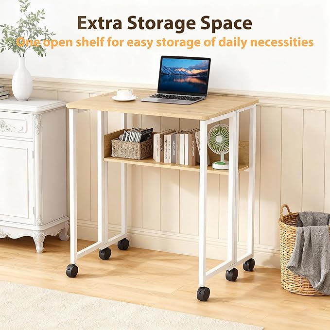 Folding Desk Small Rolling Desk with Storage Shelf,24.8 Inch Foldable Computer Table with Wheels,Portable Office Desk for Small Space Sofa Table,Easy to Fold,Writing Work Office Computer Desk,Oak