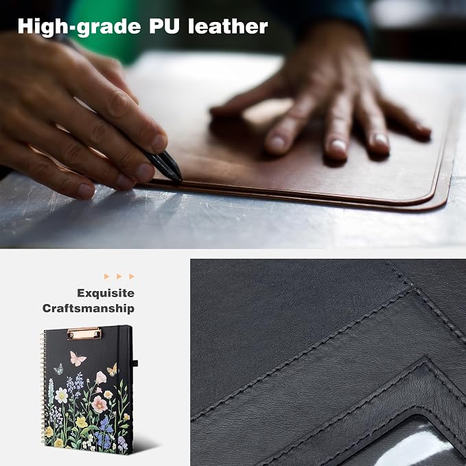 Ospelelf Clipboard with Storage Spiral Clipboard Folio for Letter Size,Organizer Folder with Zipper Pouch and 5 Dividers,Leather Portfolio for Office, School Black Garden