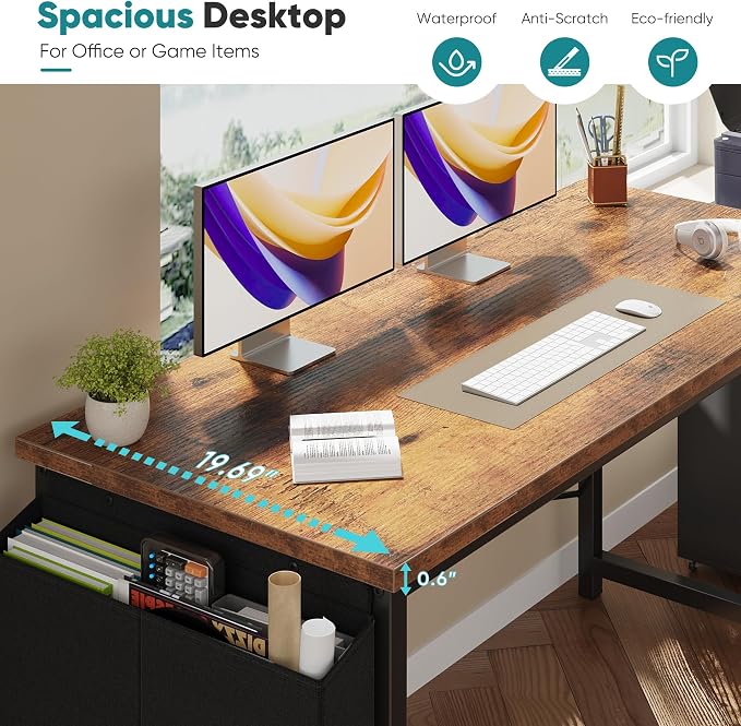 OLIXIS 55 Inch Computer Desk for Home Office, Writing Study Craft Gaming Table, Modern Computer Workstation with Storage Bag and Headphone Hook for Bedroom Small Spaces, Rustic Brown