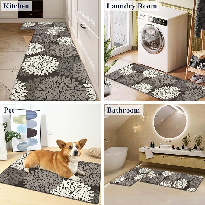 HEBE Anti Fatigue Kitchen Rugs Set of 2, Cushioned Kitchen Mats for Floor | Non Slip Washable Kitchen Runner Rug Set, Floral Stain Resistant Waterproof Comfort Mat Carpet for Sink, Standing Desk
