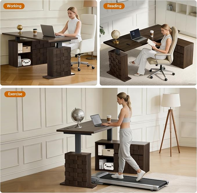 67" L Shaped Standing Desk with Drawers, Electric Height Adjustable Corner Desk, Sit Stand Office Desk with 4 AC Outlets & Type C Port, Executive Computer Desk with Cabinet, Brown