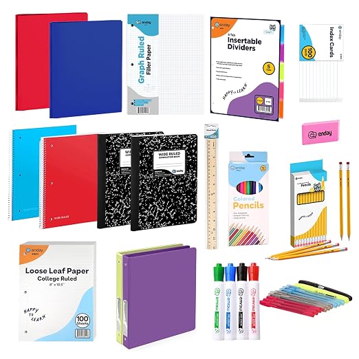 Enday Middle School Supplies Kit - 6th, 7th, and 8th Grade Back to School Supplies - 55 Piece, Premium Quality Kids School Supplies for Girls & Boys, Grades 6-8 Middle School Supplies for Kids