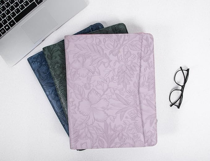 AZXCG Leather Portfolio for Women, Embossed PU Leather Padfolio with Zipper, Professional Business Document Organizer with A4 Notepad Holder, Professional Organizer for Resume/Interview(Purple)