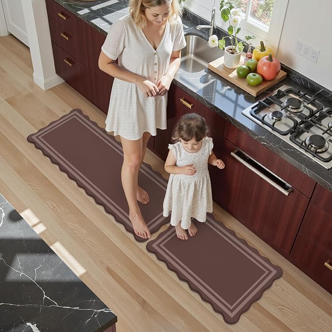 KIMODE Anti Fatigue Kitchen Mats for Floor, Farmhouse Scalloped Rugs for Kitchen Floor, Boho Kitchen Rugs Non Slip, Cushioned Standing Mats for Laundry Office Sink Desk Brown 17"x47"+17"x29"