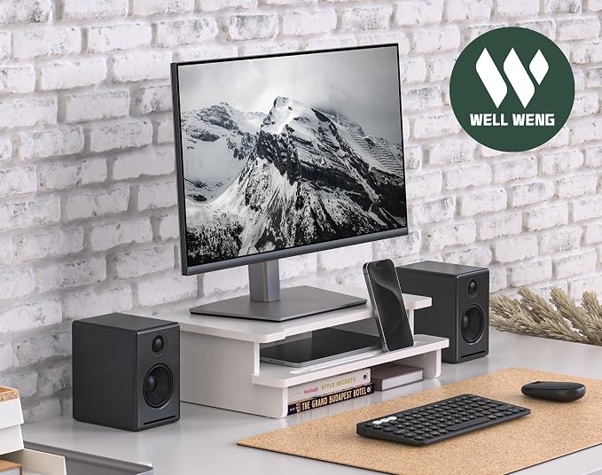 16.5” Bamboo Monitor Stand with Phone & Tablet Holder Desk Shelf | Monitor Riser for 36-48 Inch Desk Cozy Computer Setup Workplace Organizer Keyboard Storage Compact Ergonomic White
