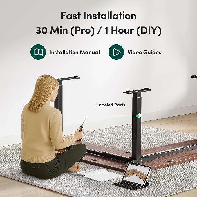 FEZIBO 63" x 55" L Shaped Standing Desk Adjustable Height, Electric Stand up Corner Computer Desk, Sit Stand Home Office Desk with Splice Board, Black Frame/Black Walnut Top