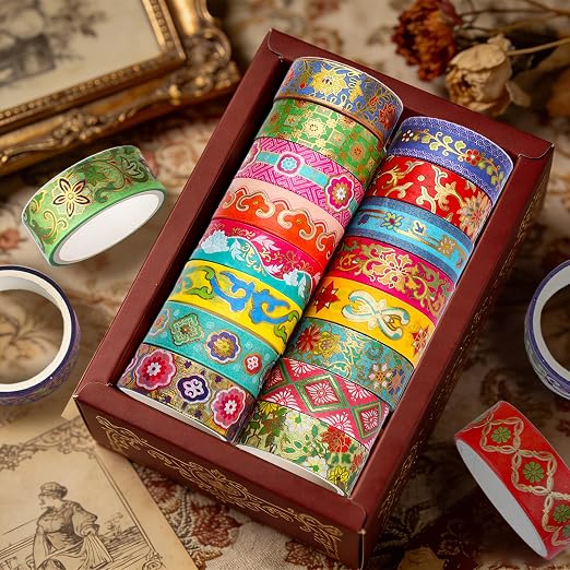 20 Rolls Gold Foil Floral Washi Tape Set Vintage Chinoiserie Decorative Tape Exotic Arts Masking Tapes for DIY Crafts Scrapbooking Bullet Journaling Planner Gift Wrapping