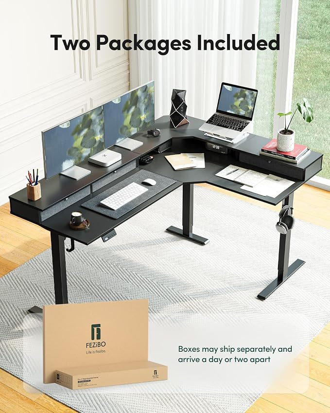 FEZIBO L Shaped Electric Standing Desk, 63 x48 inch Large with Drawers | Reversible Tabletop, 2 Memory Height Settings | Home Office & Gaming Height-Adjustable Table, Black Top/Black Frame(2 packages)