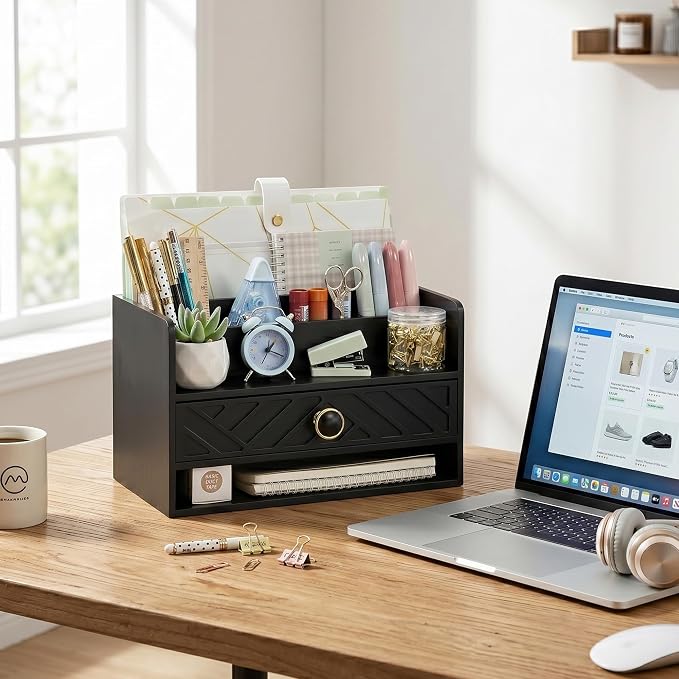 dreampossible Black Wood Desk Organizer and Accessories with Drawer, Bill Mail Organizer and File Mail Holder for Office Supplies, Desk Accessories & Workspace Organizers for Desk Organization