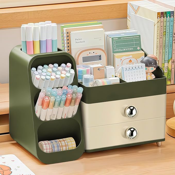 Desk Organizer with Pen Pencil Holder, Pen Organizer with 2 Drawers & 4 Compartments, Desktop Organizers and Storage for Office Home School Art Supplies (Green)