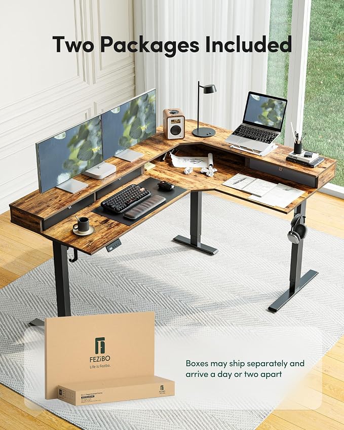 FEZIBO L Shaped Electric Standing Desk, 63x48 inch Large with Drawers | Reversible Tabletop, 2 Memory Height Settings | Home Office & Gaming Height-Adjustable Table, Rustic Brown(2 Packages)
