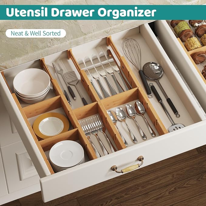Bamboo Drawer Dividers with Inserts, Kitchen Adjustable Drawer Organizers, Expandable Organization for Home, Dressers, 4 Dividers with 8 Inserts
