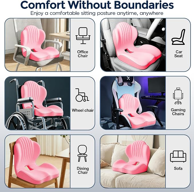 Seat Cushion for Office Chair and Car, L-Shaped Ergonomic Seat Cushions,Memory Foam Orthopedic Cushion with Coccyx Hollow,Lumbar Support & Tailbone Pain Relief for Car, Truck, Home,Gaming Chair,Pink