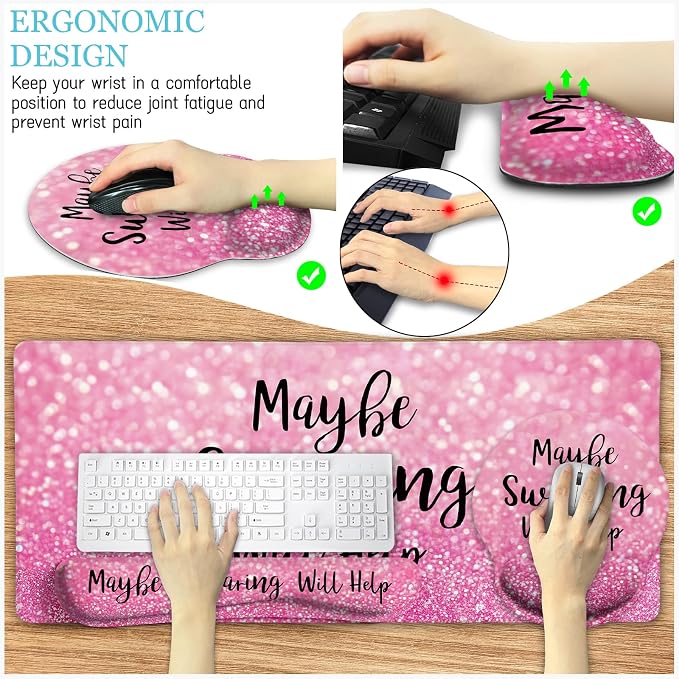 LIMKRIAN Pink Mouse Pad Set, Ergonomic Mouse Pad with Wrist Rest Keyboard Wrist Support, Large Desk Matt for Desktop, Gaming Mousepad Cup Coaster Set, Cute Pink Office Desk Accessories Decor Supplies