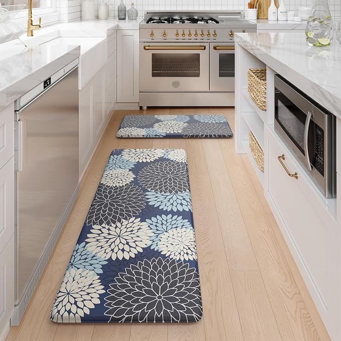 KIMODE Anti Fatigue Kitchen Mats 2PCS Kitchen Mat for Floor Cushioned | Dahlia Boho, Kitchen Rugs Non Slip Rubber Backing Farmhouse Waterproof Standing Mat for Kitchen Sink Desk Mutil-Blue