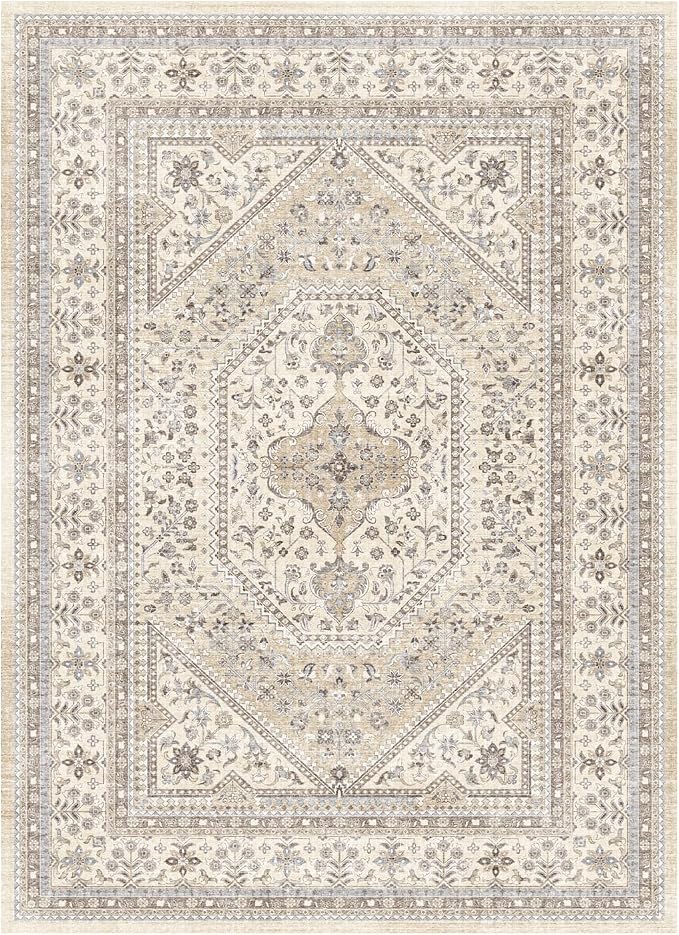 Puino 10x14 Washable Vintage Rug: Oriental Rugs for Living Room Non Slip Backing Stain Resistant Large Indoor Carpet for Bedroom Area Rug Dining Room Decor(Beige,10x14FT)