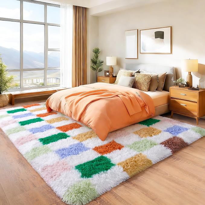Checkered Rug 4x6 for Bedroom, Ultra Fluffy Shag Area Rugs for Living Room, Upgrade Anti-Skid High Pile Soft Rug Fuzzy Carpet for Bedroom Kids Room Nursery, Dorm Home Decor, Green and Orange Colorful