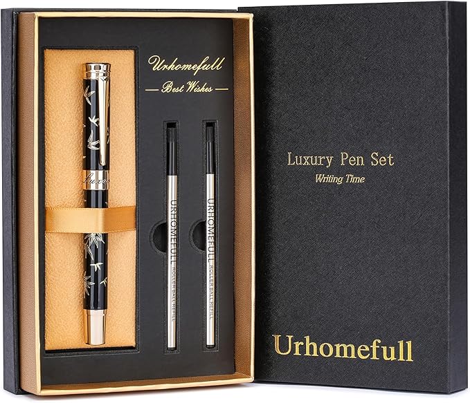 Black Rollerball Pens-Luxury Pens for Women Men, 24K Gold Trim Elegant Pen, Executive Gift Pen Set for Office Graduation Business Nice Roller Ball Pens