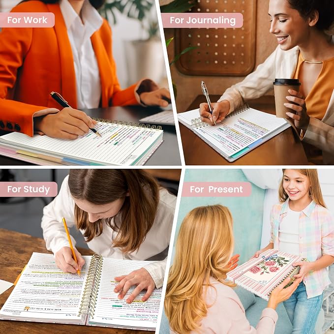Large Spiral Lined Notebooks for Work with Removable Dividers & Tabs, 8.5"x11" Pretty Hardcover 5 Subject Notebook Journal for Women, College Ruled, Perfect for Study & Office Organization, 280 Pages, Rosette Bow