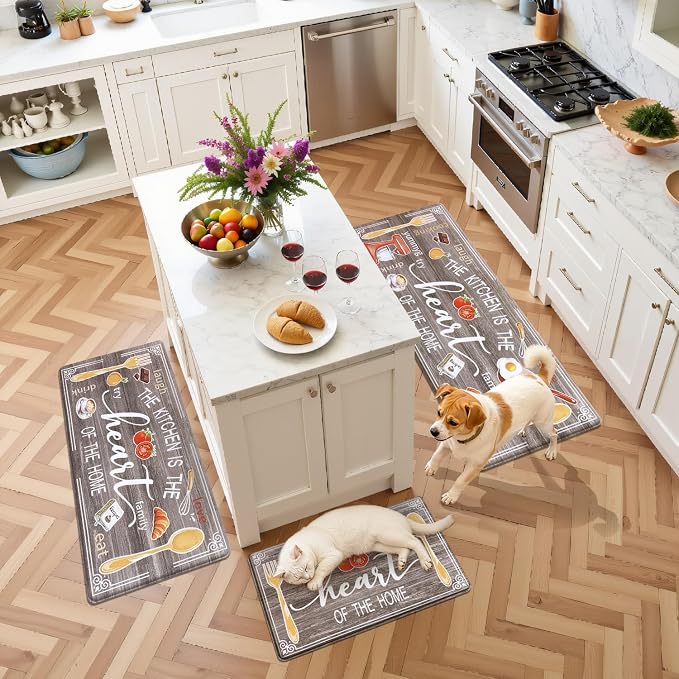 Yamaziot Anti Fatigue Kitchen Rug Set of 3, Non-Slip Cushioned Floor Mats | Waterproof, Stain Resistant, Farmhouse Cushioned Comfort Standing Desk Mat with Runner for Kitchen, Office, Sink, Laundry