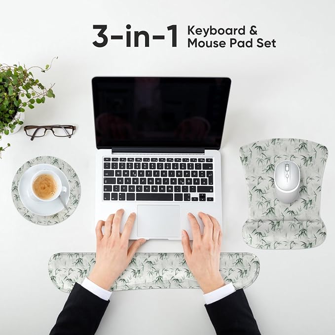 RICHEN Mouse Pad and Keyboard Wrist Rest, 3-in-1 Computer Mousepad and Coaster Set, Non-Slip Keyboard Wrist Rest and Mouse Pad Set Ergonomic Design (FKMWR-56)