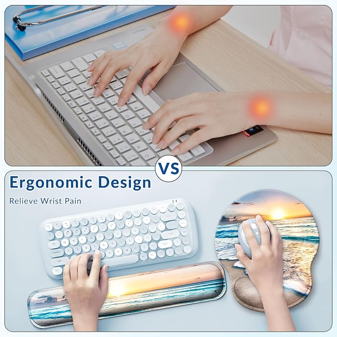 Desk Mat Set + Keyboard and Mouse Pad with Wrist Rest Support,4-in-1 Large Mousepad Computer Mats for Desktop Home & Office-Blue Sunset Beach