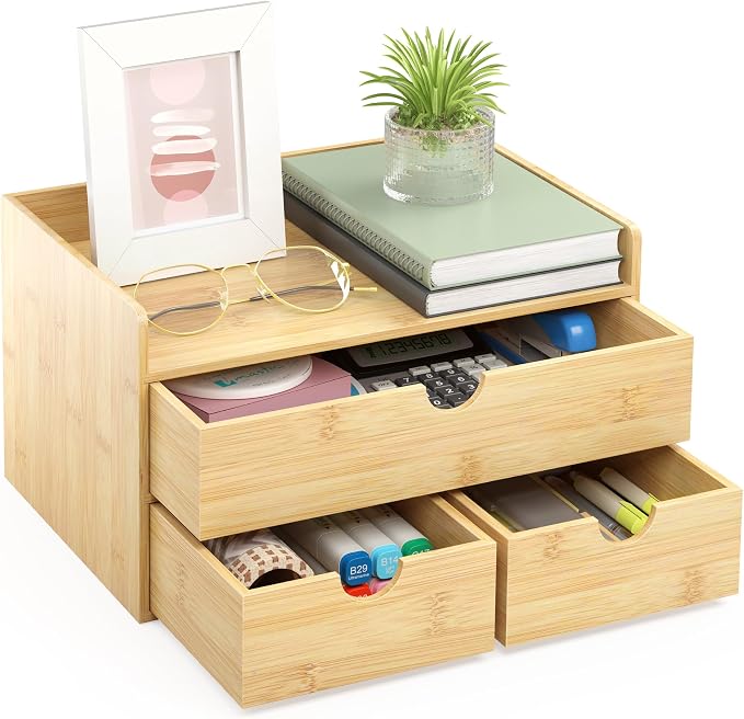 Bamboo Desk Organizer with Drawers, Desktop Storage Box for Office Supplies | 3 Drawers Desktop organizer, No Assembly Required, Natural Wood Wooden Desktop Drawers for Bills, Cosmetics, Seals, Paper