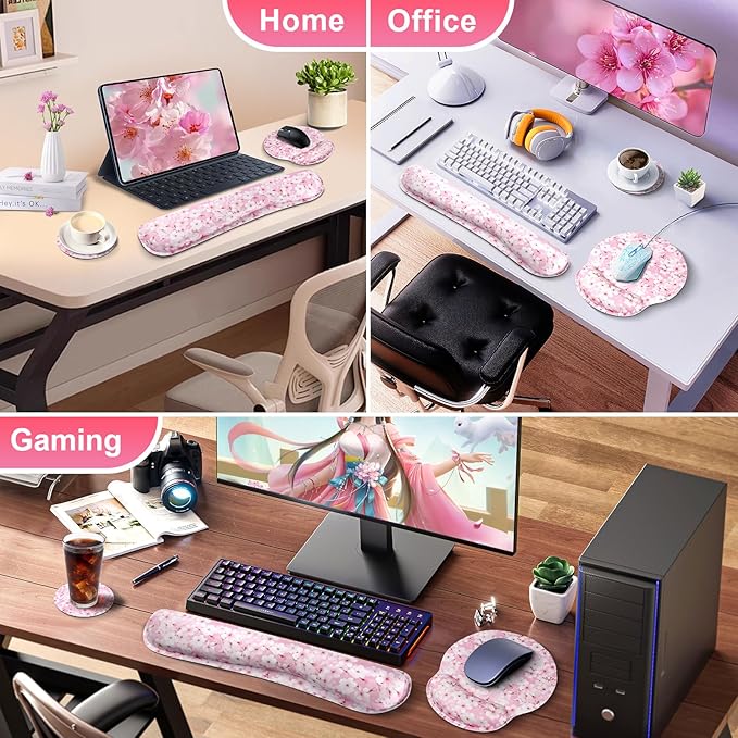 Pink Cherry Blossom Mouse Pad with Wrist Rest and Keyboard Wrist Rest Set, Sakura Floral Ergonomic Memory Foam Mouse Pad Set for Women, Girls, Office, School