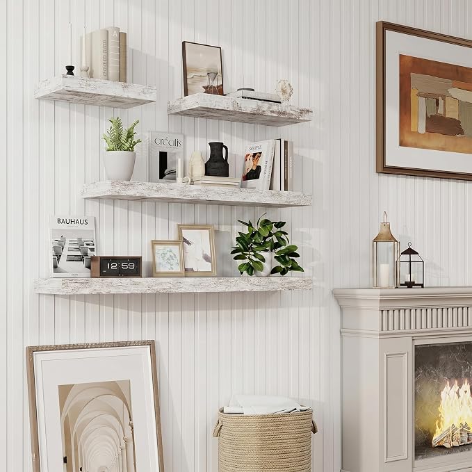 48in Floating Shelves for Wall, 48"W x 9.25"D x 1.25"H, 2 Pack Long Wall Mounted Engineered Wood Shelves with Invisible Brackets for Living Room, Bedroom, Bathroom, Kitchen, Vintage White