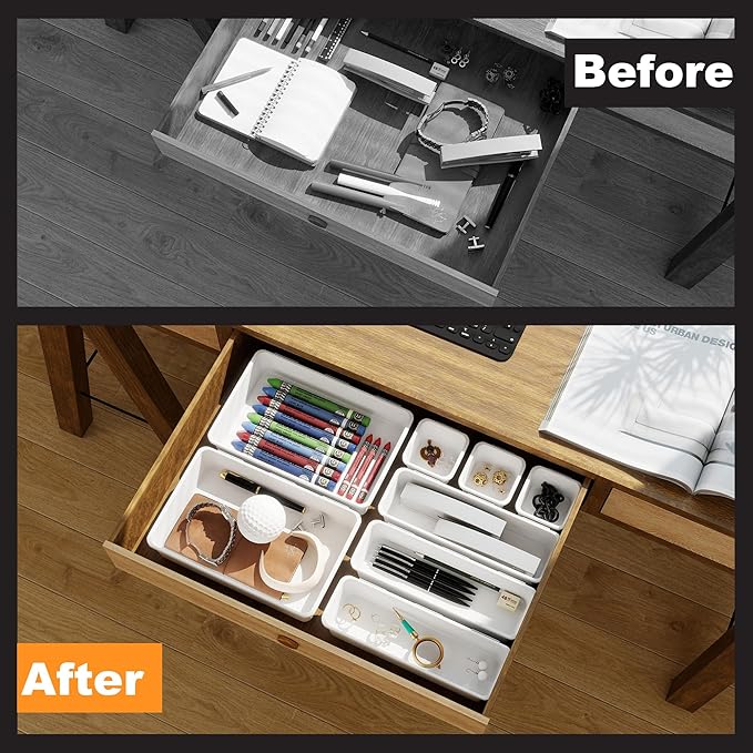 Desk Drawer Organizer Tray Set, 8PCS Plastic Drawer Organizer Bins for Office, Makeup, Kitchen - White Desk Organizer with Flexible Interlocking Design for Efficient (White, 8PCS)
