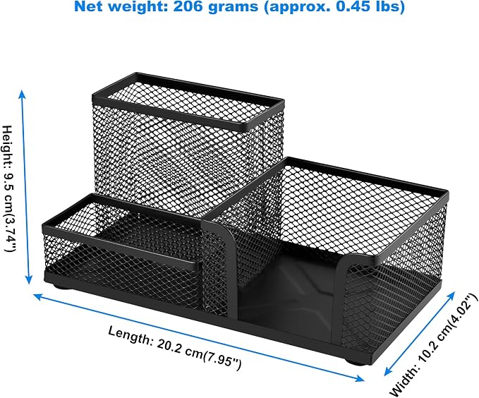 Mesh Desk Organizer, Pen and Stationery Holder with 3 Compartments for Office Supplies, Sticky Notes, and Small Accessories, Desktop Caddy for Home, School, and Workspace – Powder-Coated Black Metal