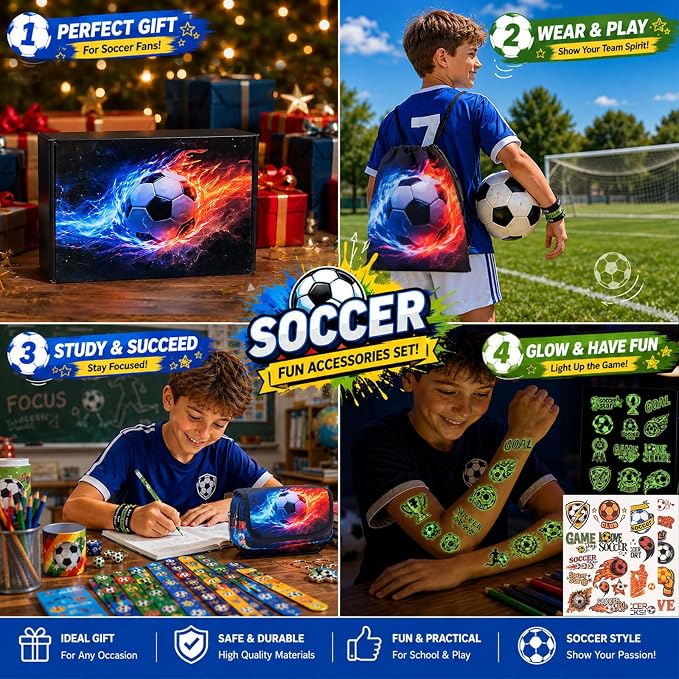 DIGOBAY 61PCS Soccer School Supplies Set for kid Boys, Teen Back to School stationery Supplies with Pencil Case Drawstring Bag Spiral Notebooks Pens Pencils Tattoos Wristbands Gift Box