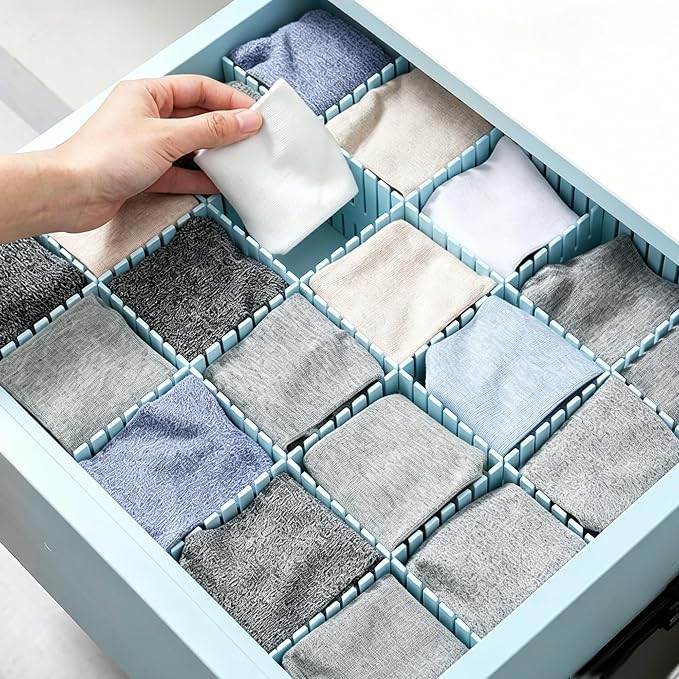 8PCS Adjustable Drawer Dividers Plastic Organizer Separator for Socks Underwear Lingerie Clothes Kitchen Bedroom Bathroom Office (Blue)