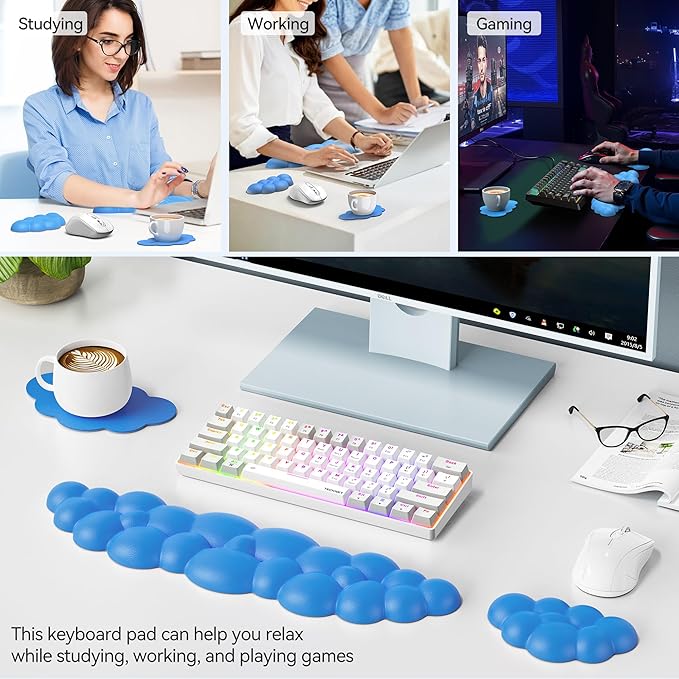 TECKNET Cloud Keyboard Wrist Rest Set, Cloud Wrist Rest with Non-Slip Base, PU Leather Wrist Pad for Keyboard with Ergonomic Memory Foam for Computer Laptop Office Gaming and Pain Relief, Blue