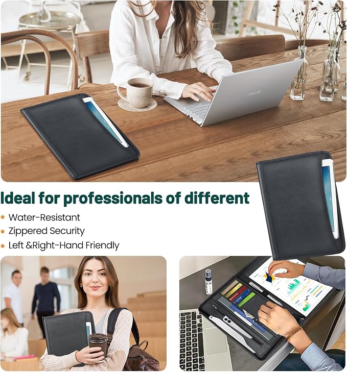 Portfolio Business for Men 10" x 13.5" Padfolio Folder with Zipper, Faux Leather Portfolio for Resume, Documents, Phone, Tablet, Business Supplies and Cards Notebook Organizer with 8.3" x 11.5"Notepad