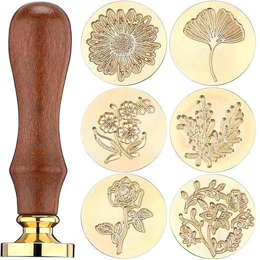 Chrisfall 6 Pcs Wflower Wax Seal Stamp Set with Removable Wooden Handle Floral Stamps Botanical Sealing Stamper Kit for Wedding Party Invitation, Gift Packaging, Envelope, Cards(Fresh Style)