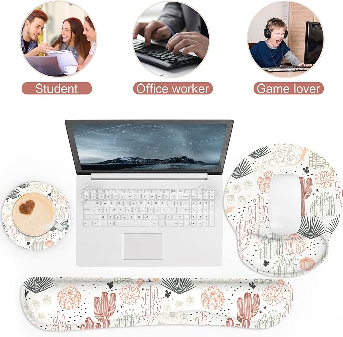 Ergonomic Mouse Pad with Wrist Rest and Keyboard Wrist Rest, Mousepad and Wrist Rest for Computer Keyboard, Pain Relief, Non-Slip Rubber Base, Mouse Pad with Wrist Support for Gaming, Office, Cactus