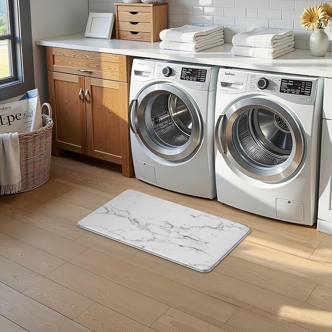 Marble White Kitchen Mats for Floor, Cushioned Anti Fatigue Non-Slip | Cushioned Comfort,Non-Slip Backing,Waterproof Surface,Soft Underfoot,Easy Clean,Kitchen Sink,Laundry Room,Standing Desk