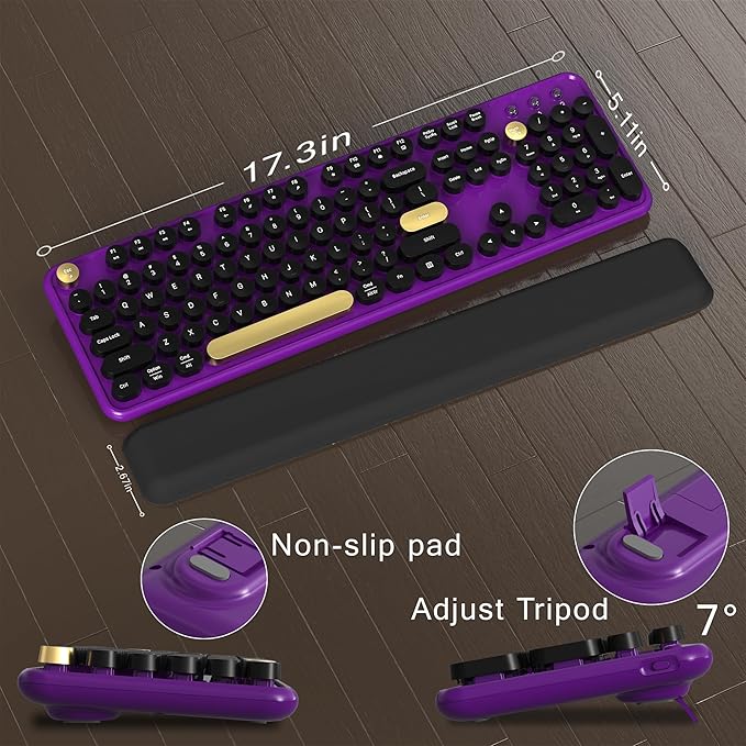 MPTOG Colorful Wireless Computer Keyboard and Mouse Combo with Round Typewriter Keycaps, Retro Design, Power Switch, Ergonomic Design, 2.4GHz Wireless for Windows, Mac, PC(Black-Purple)