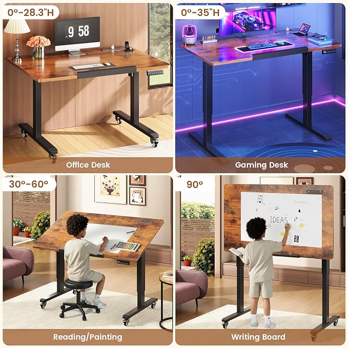 SEDETA 31.5 Inches Electric Standing Desk, 180° Tiltable Mobile Rising | Computer Desk Height Adjustable with Wheels for Drawing/Writing/Gaming/Study/Home Office/Small Space, Rustic Brown