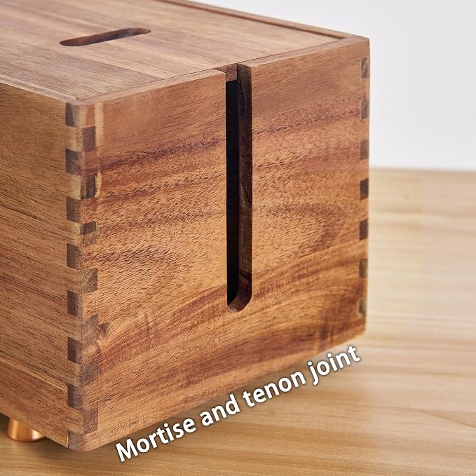 SARUFO Acacia Wood Cable Management Box - Wooden Cord Hider with 4 Metal Feet, Organizer for Desk & Floor, Power Strip TV Wire Concealer, Under Desk Storage for Office, Home Electrical Cables
