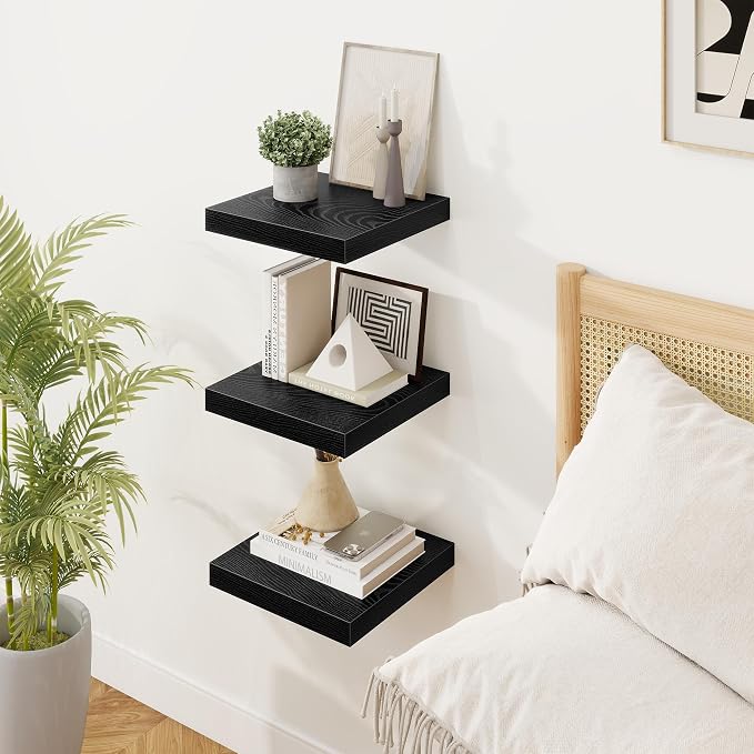Marsmiles Square Floating Shelves for Wall, 8" W x 8" D x 1.25" H, 3 Pack Small Wall Mounted Engineered Wood Shelves with Invisible Brackets for Living Room, Bedroom, Bathroom, Kitchen Decor, Black