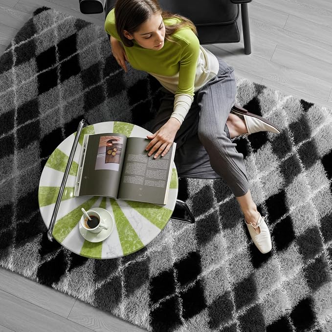 Zentavio Area Rugs for Living Room Rugs for Bedroom 4x6 Carpet Fluffy Fuzzy Soft Shag Aesthetic Plush High Pile Gray Throw Rug for Nursery Kids Room Dorm Diomond Black