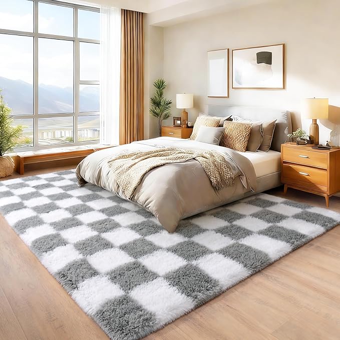 Area Rugs for Living Room Bedroom 9x12, Ultra Fluffy Shag Checkered Rug Modern Washable Carpet Soft Shaggy Non Slip Indoor Plush Fuzzy Rugs for Bedroom Dorm Office Home Aesthetic Decor, White & Grey
