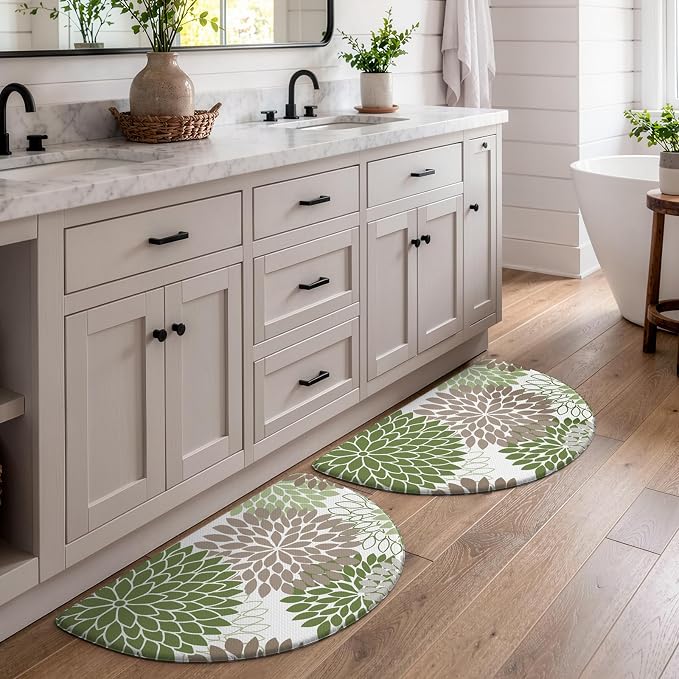 KIMODE Half Circle Anti Fatigue Mats for Kitchen Floor Kitchen Mats 2PCS | 18"x28+18"x28",Sage Green,Dahlia Floral Boho,Kitchen Rug Sets of 2,Non Slip,Waterproof,for Sink Office Laundry Bathroom Decor