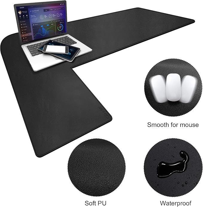 CENNBIE Dual Sided L Shaped Desk Pad, (43.3"+51") x16 Inches Corner Leather Desk Pad,l Shaped Desk Gaming mat,Waterproof l Shaped Leather Mouse pad,Home Office Accessories Corner Desk Mat(Black)