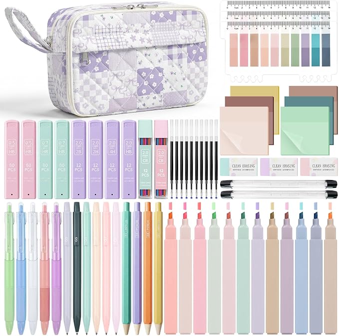 WOBAGMEN 62PCS Aesthetic School Supplies with Quilted Pencil Case, Pastel Highlighters, Gel Pens Mechanical Pencils Set, Cute Back to School Supplies, College Essentials (Purple Checked, M)